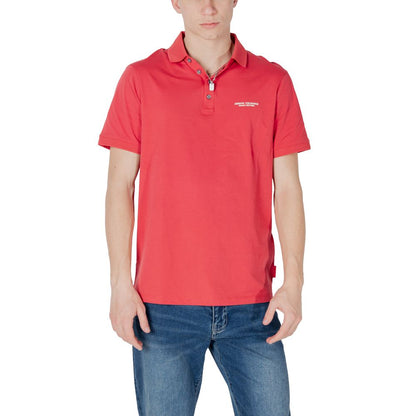 Armani Exchange Red Cotton Polo Shirt model wearing in a casual setting showcasing the short-sleeved classic design with discreet logo.