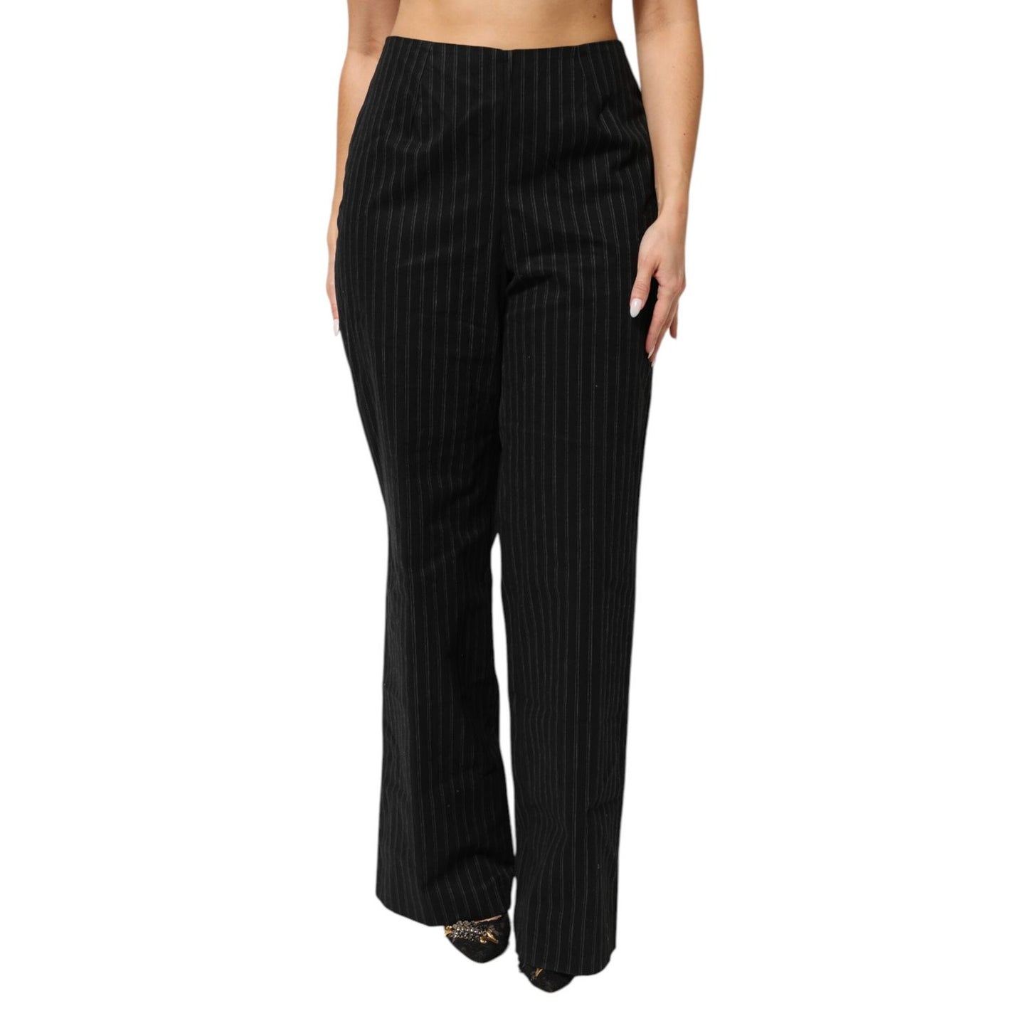 BENCIVENGA Black Wool Blend Pinstripe Straight Leg Pants with model showcasing tailored fit, made in Italy, ideal for formal wear