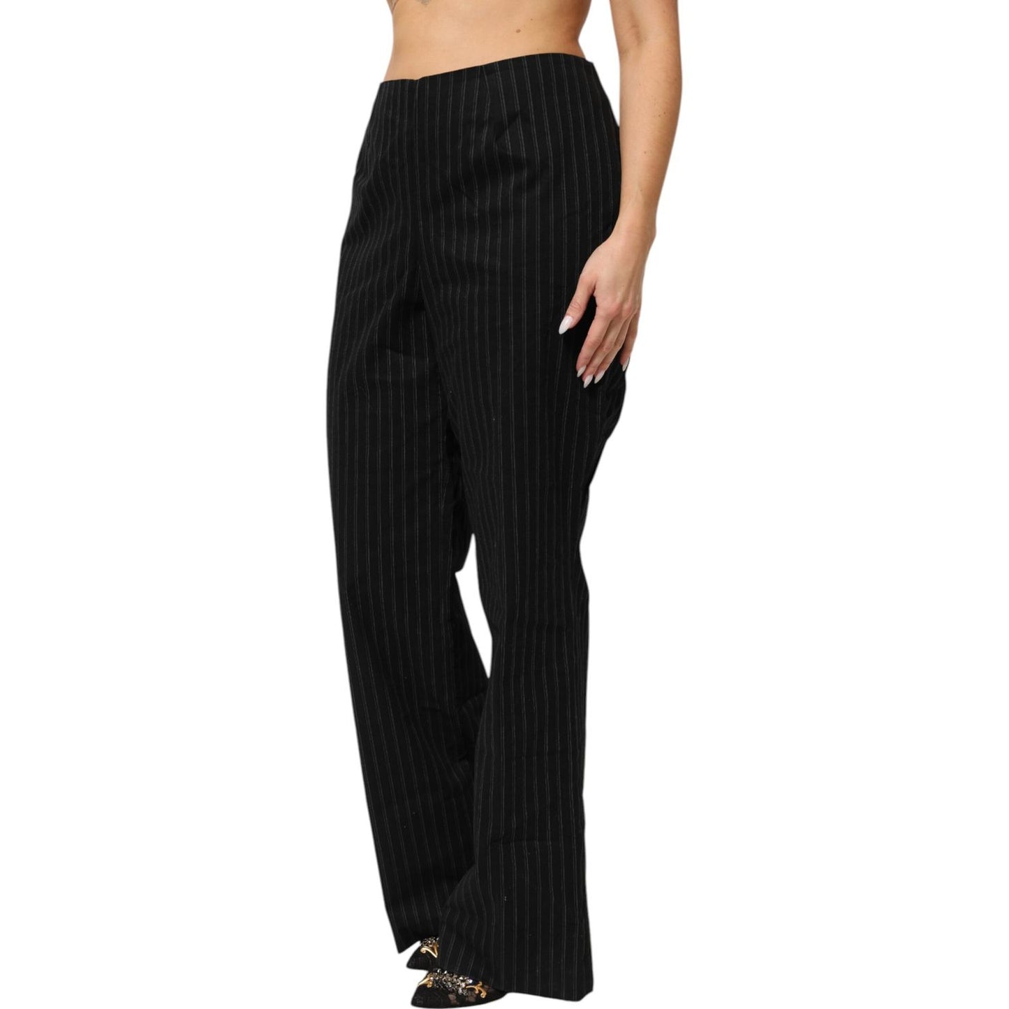 BENCIVENGA Black Wool Blend Pinstripe Straight Leg Pants on model, showcasing high waist design and Italian craftsmanship.