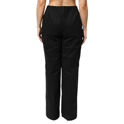 Back view of BENCIVENGA Black Wool Blend Pinstripe Straight Leg Pants on model, showcasing high waist and vertical stripes.