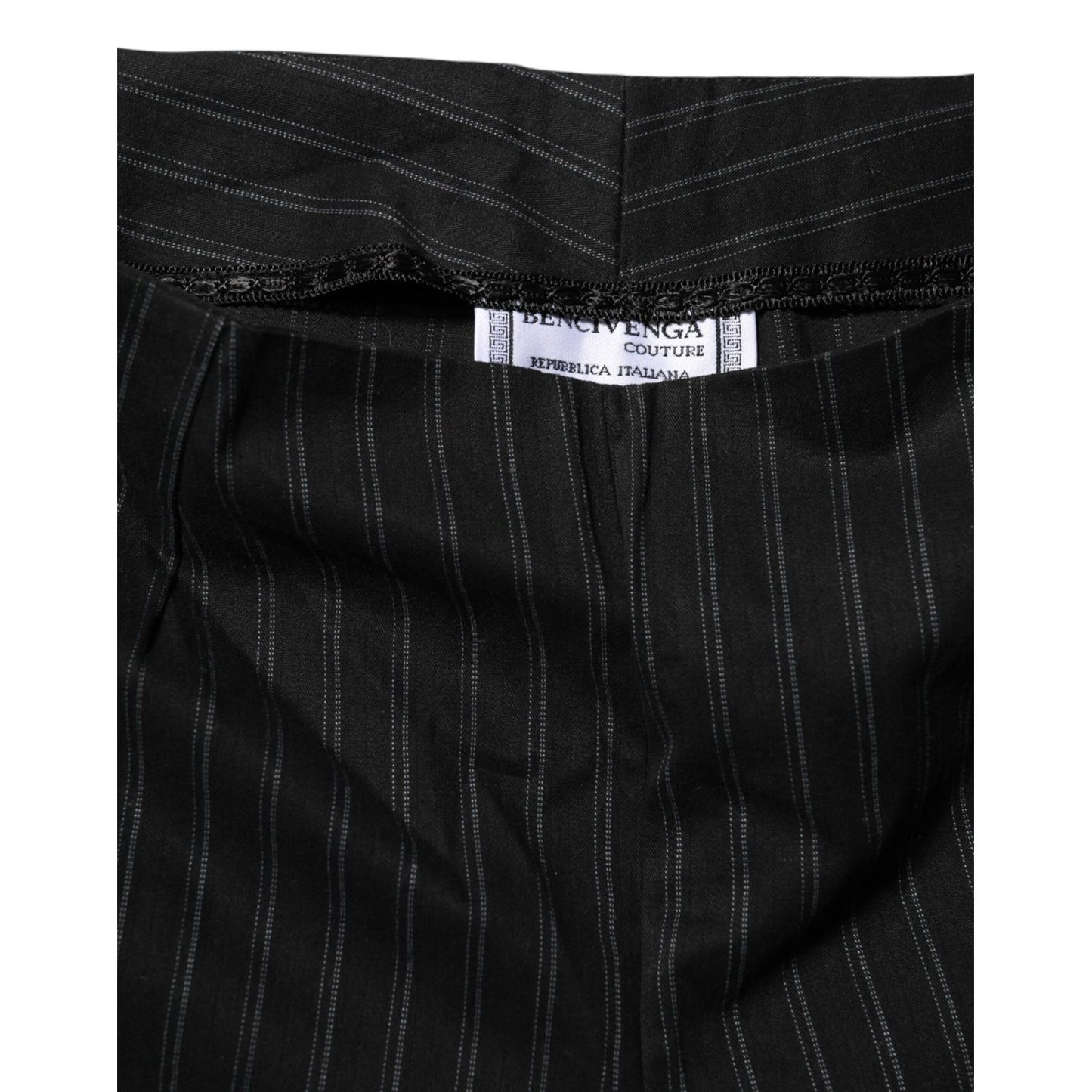 BENCIVENGA Black Wool Blend Pinstripe Straight Leg Pants with tag and fine detailing, made in Italy for formal wear.