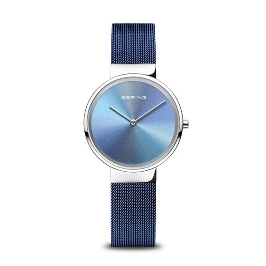 BERING MOD. 10X31-ANNIVERSARY2 watch with blue dial and stainless steel case, featuring an elegant mesh band, ideal for style and function.