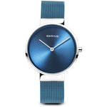 BERING Mod. CLASSIC women's wristwatch with stainless steel case, blue dial, and metal strap. Quartz movement, luxury watch packaging.