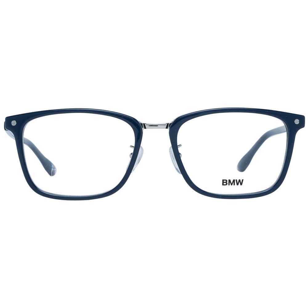 BMW Blue Men Glasses Frame, blue plastic rectangle full-rim design, 55-19-145 size with 55mm lenses width, includes branded case.