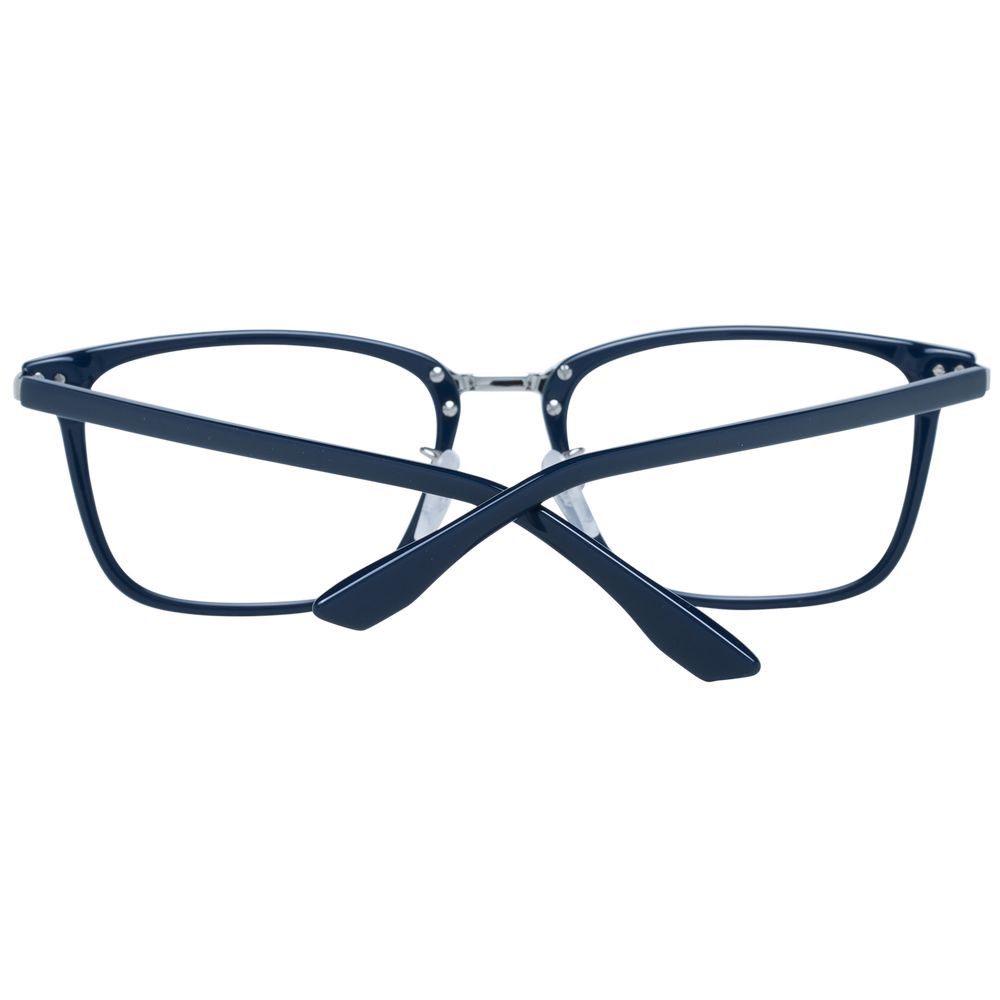 BMW Blue Men Glasses Frame with full-rim design, blue plastic frame, demo lenses, and 55-19-145 size. Includes branded case.
