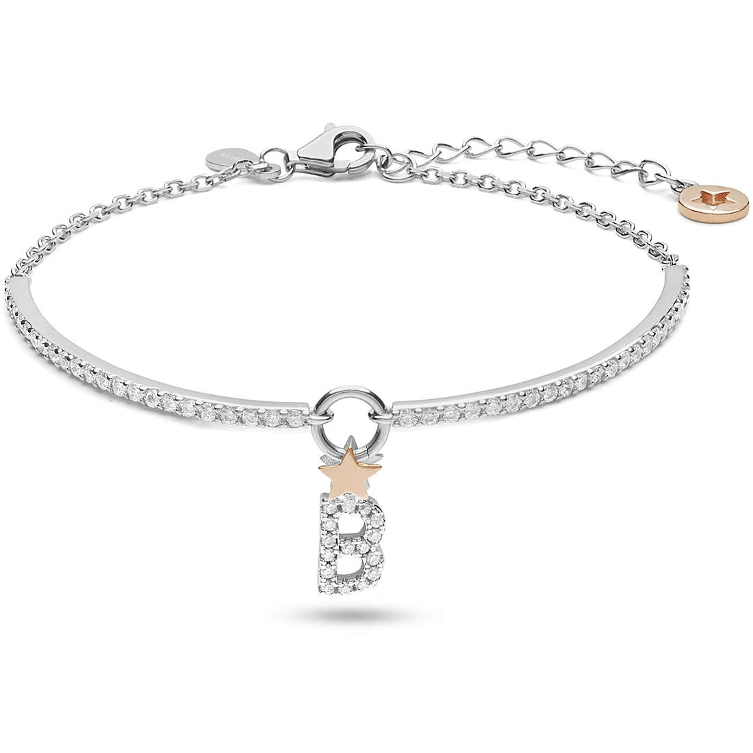 Elegant silver BRACCIALI COMETE MOD. BRA178 with charm and delicate details on a white background.
