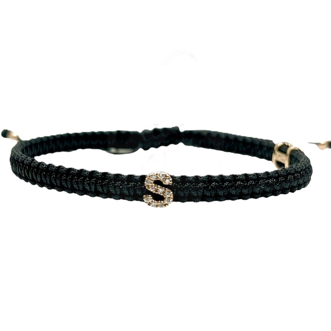 BRACCIALI CONCORDIA MOD. AC22-S black bracelet with decorative "S" charm on a woven band.