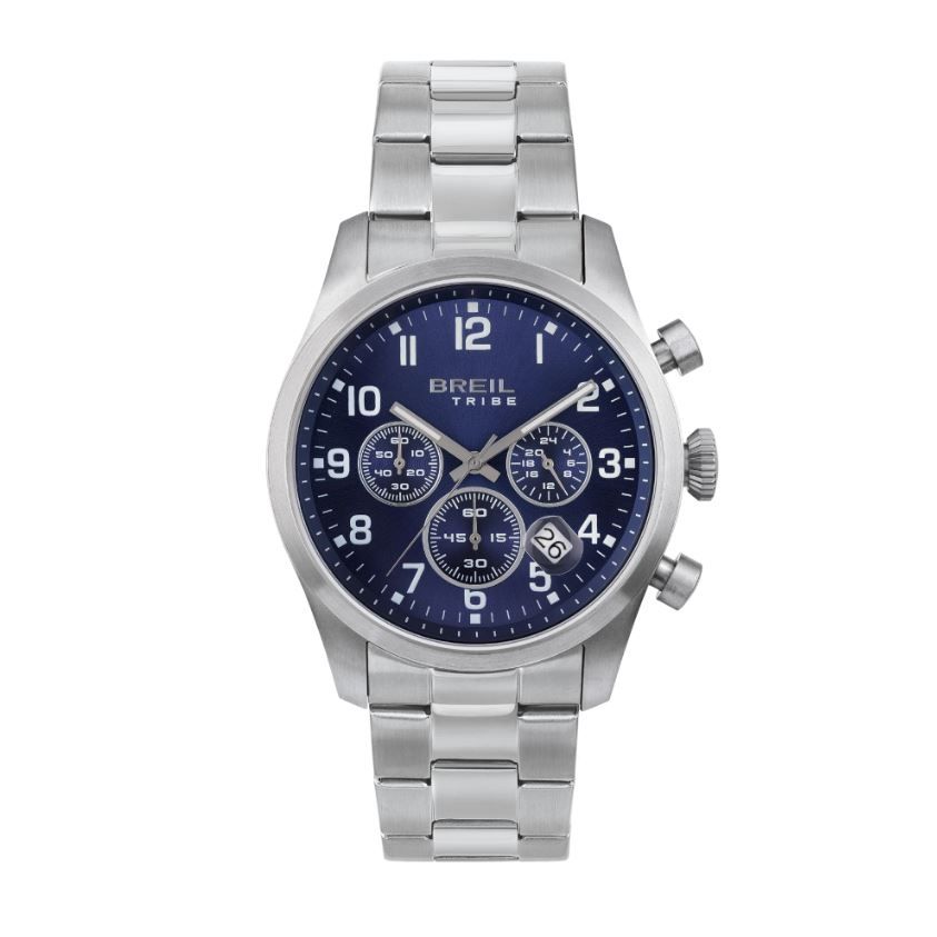 BREIL TRIBE Mod. EW0661 gent's watch with quartz movement, 42mm silver case, blue dial, and official box packaging.