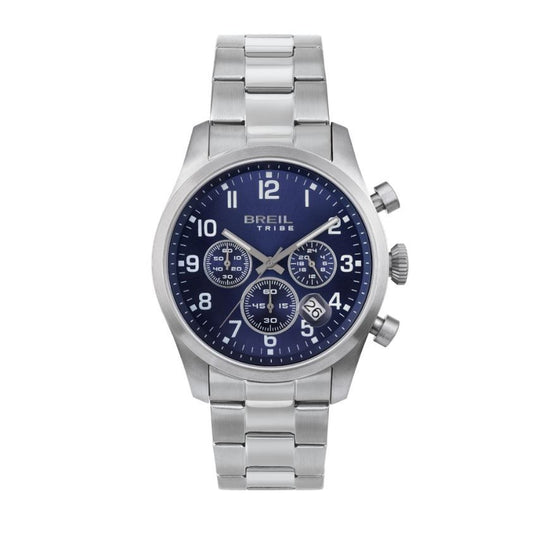BREIL TRIBE Mod. EW0661 gent's watch with quartz movement, 42mm silver case, blue dial, and official box packaging.