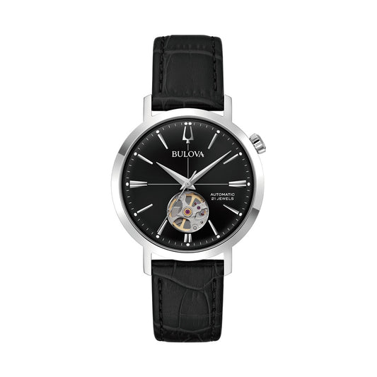 BULOVA Mod. AEROJET AUTOMATIC watch with black dial and leather strap, showcasing a sleek and modern design.