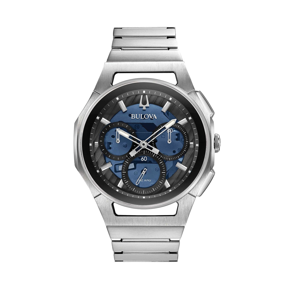 BULOVA Mod. CURV luxury watch with stainless steel bracelet and blue dial, showcasing modern design and precision craftsmanship.