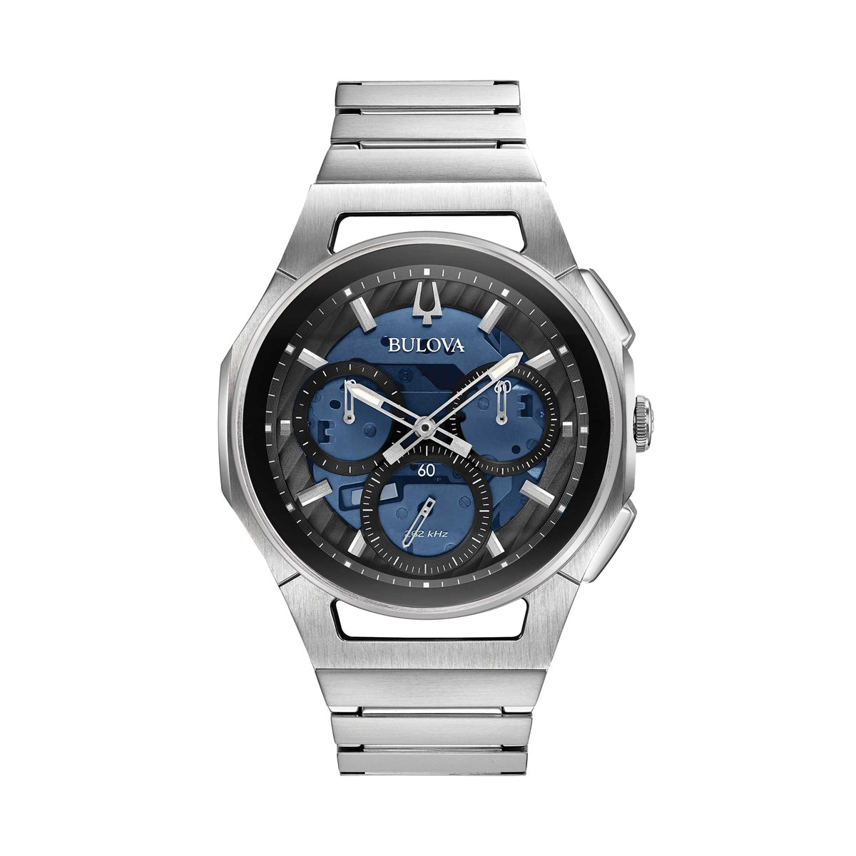 BULOVA Mod. CURV luxury watch with stainless steel bracelet and blue dial, showcasing modern design and precision craftsmanship.