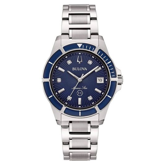BULOVA Mod. MARINE STAR LADY stainless steel wristwatch with quartz movement, blue dial, 10 ATM water resistance, 34mm case.
