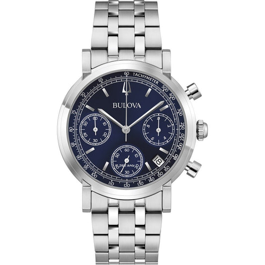 Alt Tag: BULOVA Mod. PRECISIONIST luxury watch with stainless steel bracelet and blue dial, showcasing tachymeter and chronograph features.