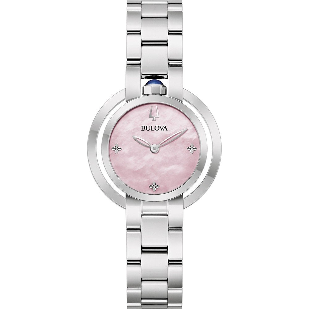 BULOVA Mod. RUBAIYAT women's watch with pink dial, silver band, and crystal accents.