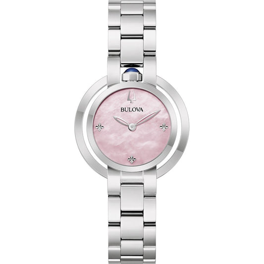 BULOVA Mod. RUBAIYAT women's watch with pink dial, silver band, and crystal accents.