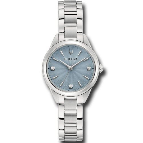 Alt Tag: BULOVA Mod. SUTTON LADY PETITE - Elegant silver women's watch with blue dial and stainless steel band.