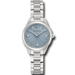 Alt Tag: BULOVA Mod. SUTTON LADY PETITE - Elegant silver women's watch with blue dial and stainless steel band.