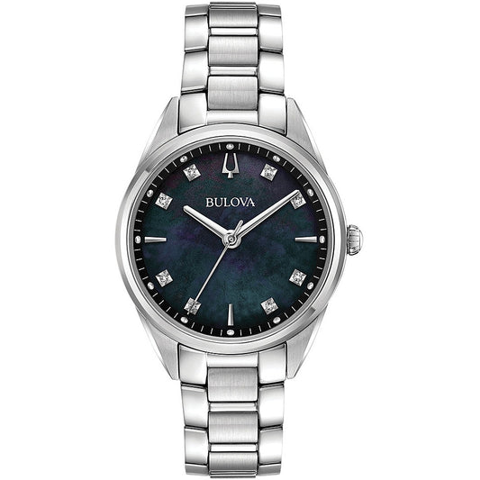 BULOVA Mod. SUTTON wristwatch with stainless steel band and black dial, in official box packaging.