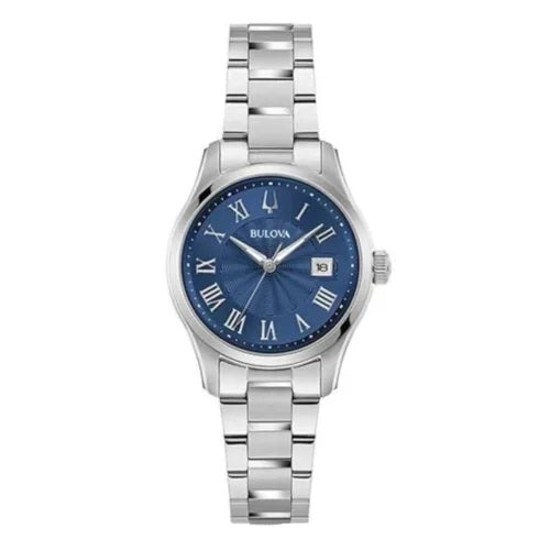 BULOVA Mod. WILTON lady's wristwatch with stainless steel bracelet, blue dial, quartz movement, and date function in official packaging.