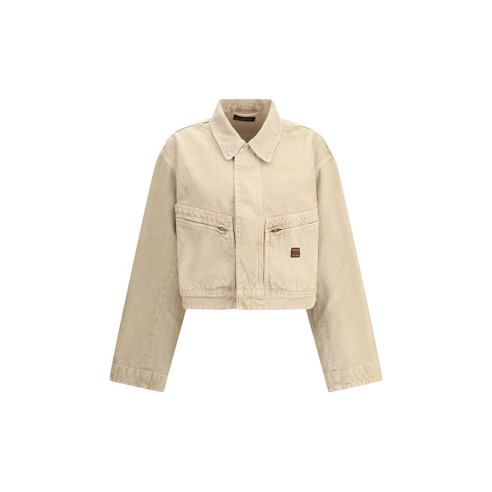 Balenciaga Beige Cotton Denim Jacket with classic collar, zipper front, patch pockets, and mini logo patch for modern workwear style.