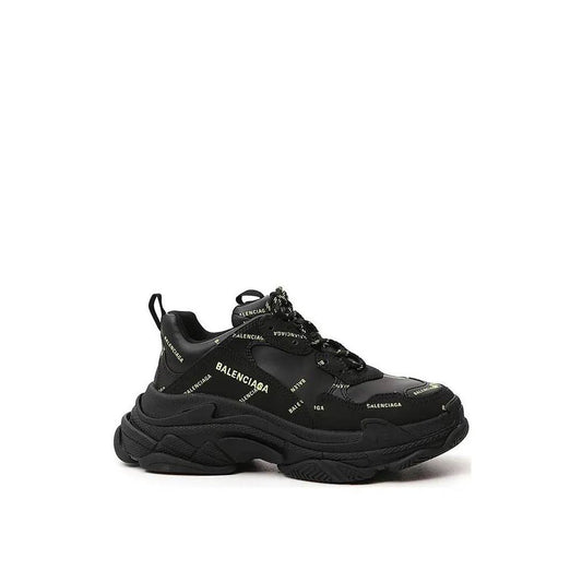 Balenciaga Black Calfskin Chunky Sneakers with all-over logo detail, round toe, and front lace-up closure, made in Italy for men.