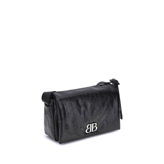 Balenciaga Monaco Shoulder Bag in black leather with adjustable strap and silver-tone logo plaque.
