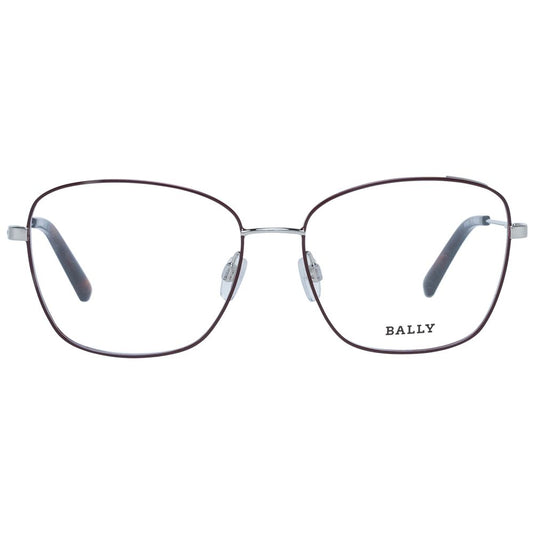 Bally Burgundy Women Optical Frames - Square full-rim metal design with demo plastic lenses, shown with branded case.