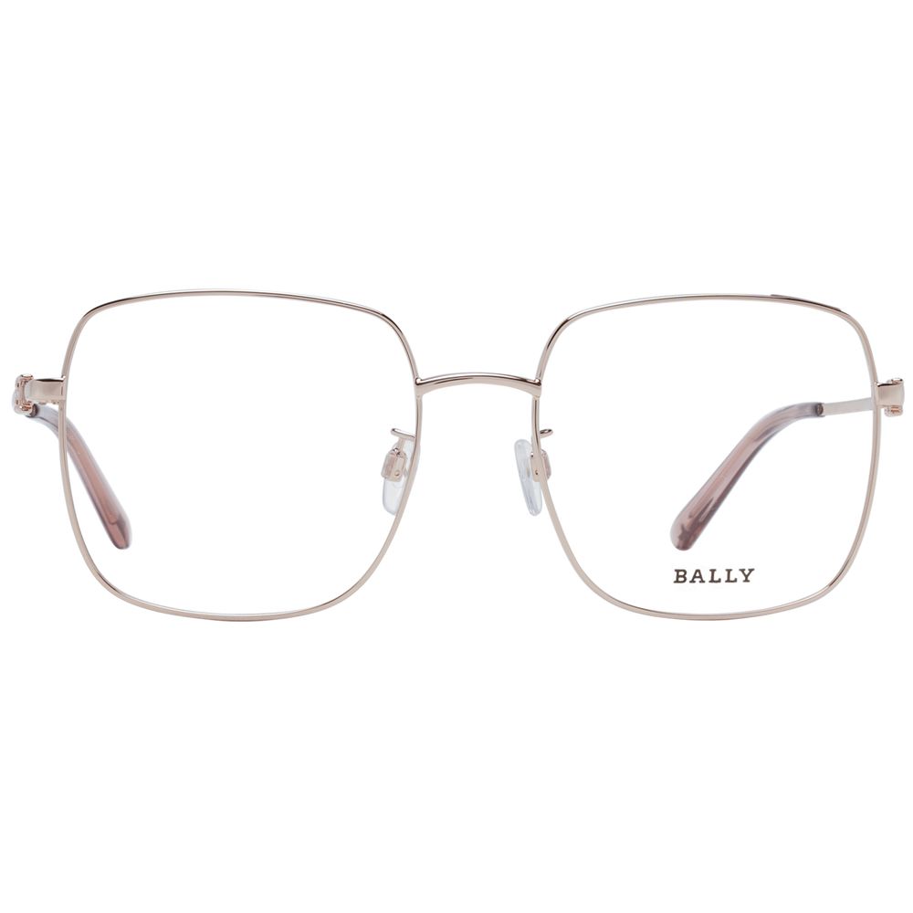 Bally Rose Gold Women Optical Frames, square full-rim metal frame, demo lenses, rose gold color, size 55-18-140, branded case included.