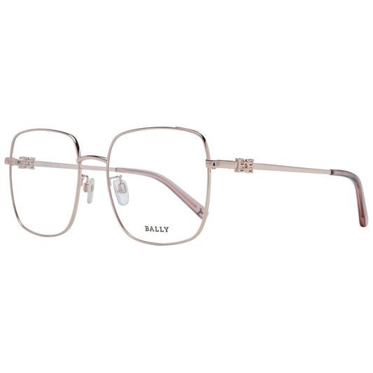 Bally Rose Gold Women Optical Frames in metal full-rim square style with demo plastic lenses, featuring a 55-18-140 fit, perfect for women.