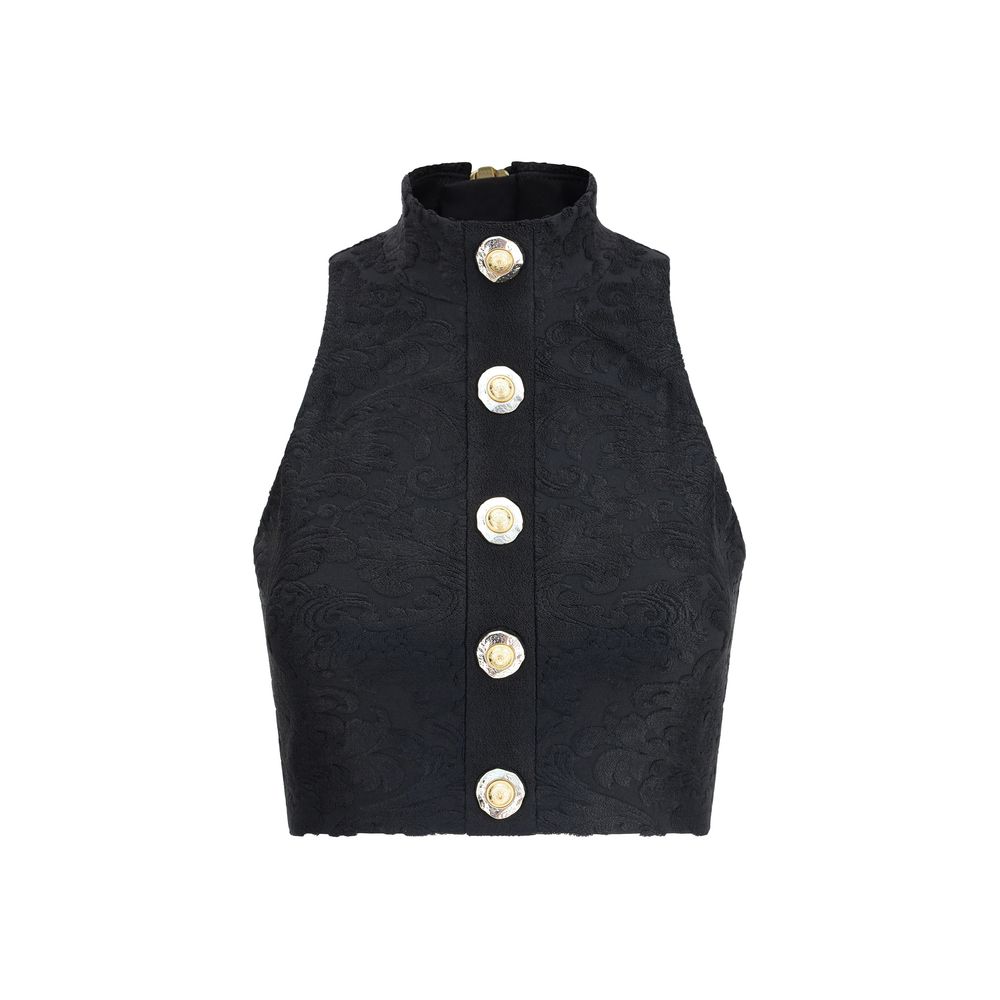 Balmain Black Viscose Top with baroque pattern and gold coin buttons