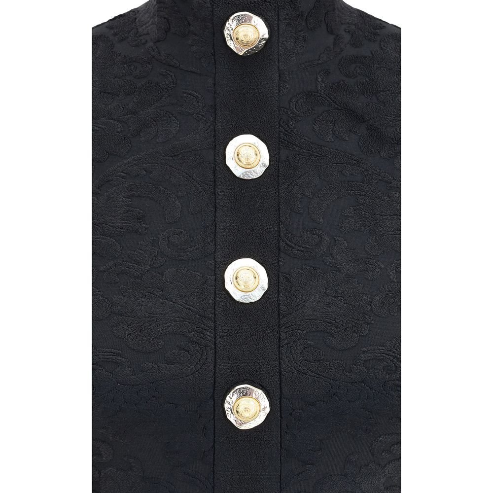 Balmain Black Viscose Top with gold coin buttons and baroque pattern, showcasing iconic style and exposed zipper. Slim fit, AW25 season.