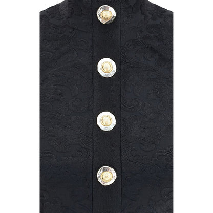 Balmain Black Viscose Top with gold coin buttons and baroque pattern, showcasing iconic style and exposed zipper. Slim fit, AW25 season.