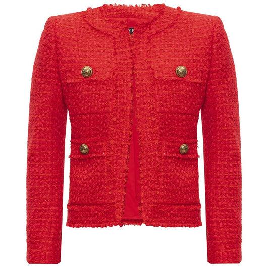 Balmain Red Nylon Suits & Blazer with gold buttons, wool-viscose blend, four front pockets, raw-cut collar and hem, elegant design.