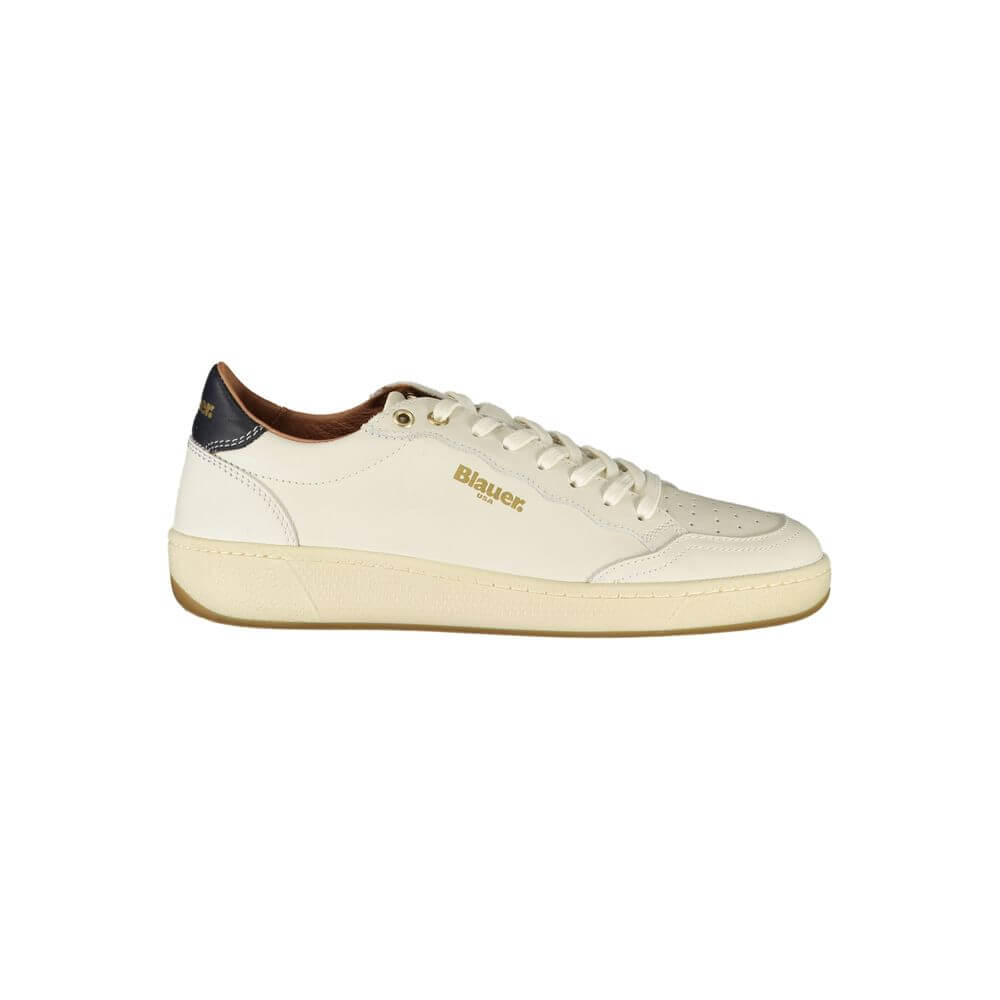 Blauer White Leather Women Sneaker with black accents, removable footbed, and signature logo, showcasing refined athletic style and comfort.