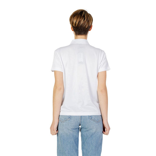 Back view of model wearing a Blauer White Polyester T-Shirt showcasing short sleeves and classic collar, ideal for casual style.