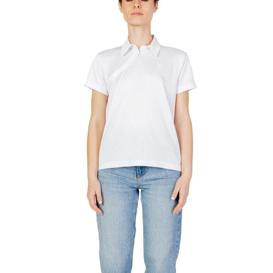 Woman wearing Blauer White Polyester T-Shirt with classic collar and button closure, showcasing modern comfort and essential style.