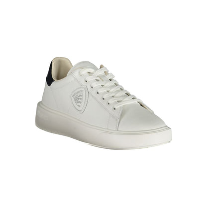 Blauer White Polyethylene Men Sneaker with stylish blue contrasts and leather-polyester blend, showcasing contemporary design.