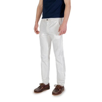 Model wearing Borghese White Cotton Skinny Pants for men, slim fit, 97% cotton blend, suitable for casual and formal occasions.