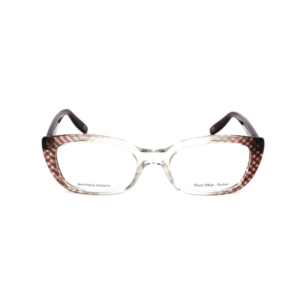 Bottega Veneta Burgundy Acetate Frames with clear lenses and brown temples. Fashion eyewear for women.