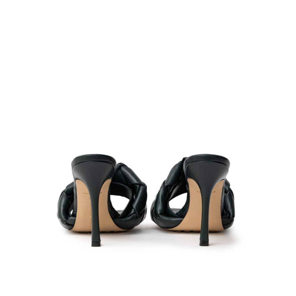 Back view of Bottega Veneta Green Leather Stiletto Heel Sandals with square toe and maxi tubular weave design.