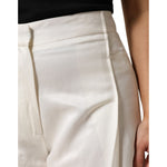 Close-up view of Brian Dales White Viscose Linen Wide Leg Palazzo Womens Pants, featuring high-waist and elegant pleats.