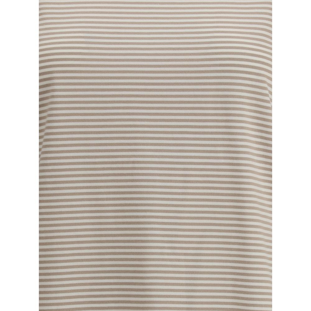 Brunello Cucinelli Beige Cotton T-Shirt with striped design and delicate buttoned drop opening, ideal for Autumn-Winter 2025 collection.