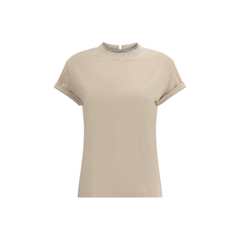 Brunello Cucinelli Beige Elastane T-Shirt with crewneck, keyhole back, and iconic contrasting appliqué jewels for AW25 season.
