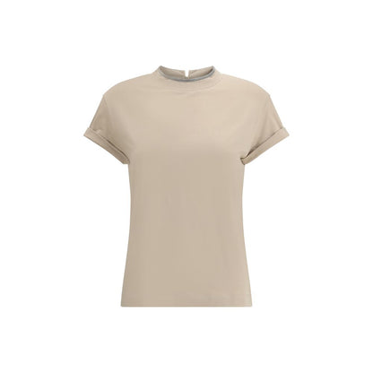 Brunello Cucinelli Beige Elastane T-Shirt with crewneck, keyhole back, and iconic contrasting appliqué jewels for AW25 season.