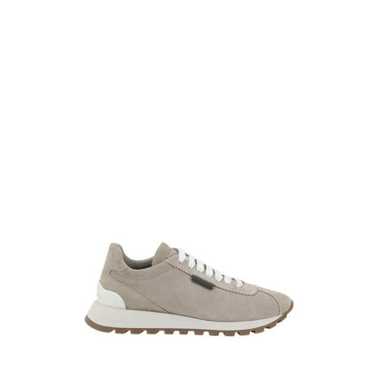 Brunello Cucinelli Beige Rubber Platform Sneakers with suede design, lace-up closure, and round toe for comfort.