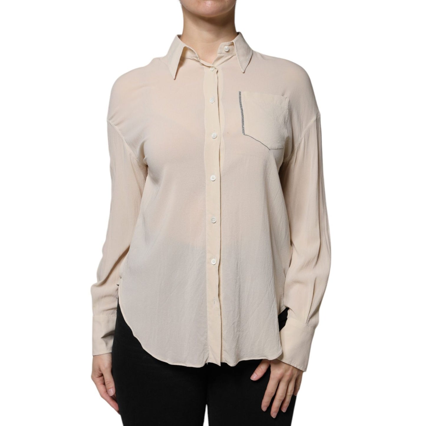 Brunello Cucinelli Beige Silk Blend Collared Button Down Top 1728,67345645728,Beige,Blouses - Shirts - Clothing,Brunello Cucinelli,Clothing,IT38 | XS,Material: 91% Silk 9% Elastane,Preowned / Defect,Shirts - Clothing,Tops & T-Shirts - Women - Clothing,Wom