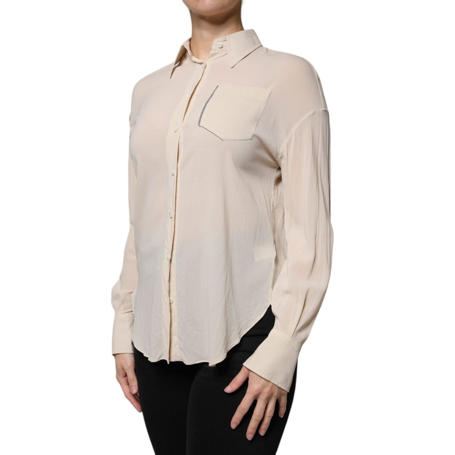 Brunello Cucinelli Beige Silk Blend Collared Button Down Top 1728,67345645728,Beige,Blouses - Shirts - Clothing,Brunello Cucinelli,Clothing,IT38 | XS,Material: 91% Silk 9% Elastane,Preowned / Defect,Shirts - Clothing,Tops & T-Shirts - Women - Clothing,Wom