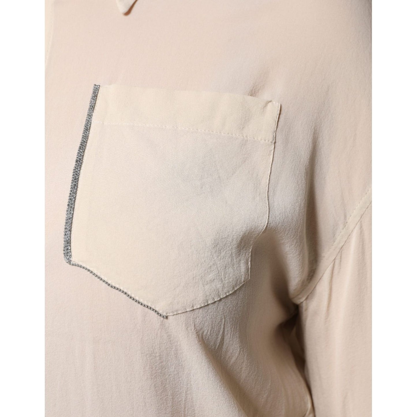 Brunello Cucinelli Beige Silk Blend Collared Button Down Top 1728,67345645728,Beige,Blouses - Shirts - Clothing,Brunello Cucinelli,Clothing,IT38 | XS,Material: 91% Silk 9% Elastane,Preowned / Defect,Shirts - Clothing,Tops & T-Shirts - Women - Clothing,Wom