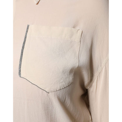 Brunello Cucinelli Beige Silk Blend Collared Button Down Top 1728,67345645728,Beige,Blouses - Shirts - Clothing,Brunello Cucinelli,Clothing,IT38 | XS,Material: 91% Silk 9% Elastane,Preowned / Defect,Shirts - Clothing,Tops & T-Shirts - Women - Clothing,Wom